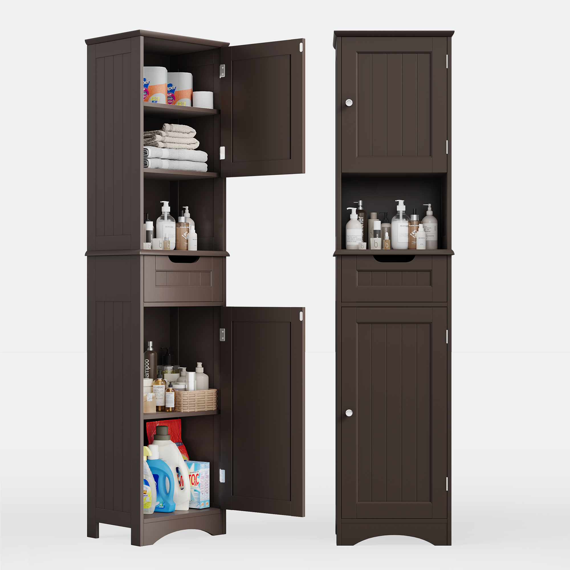 Asofer 67" H Tall Bathroom Cabinet, Narrow Linen Tower Freestanding with Adjustable Shelves, Dark Brown