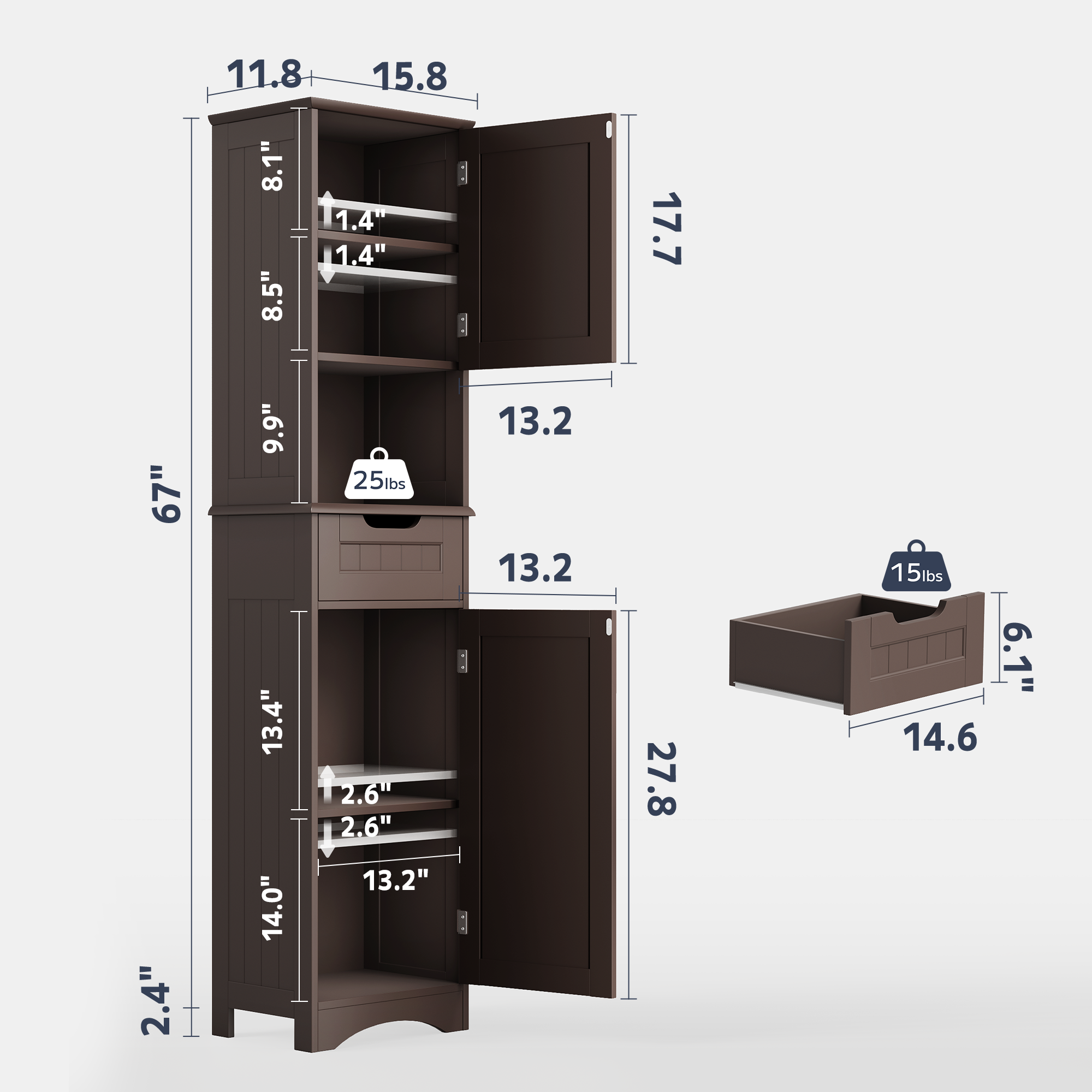 Asofer 67" H Tall Bathroom Cabinet, Narrow Linen Tower Freestanding with Adjustable Shelves, Dark Brown