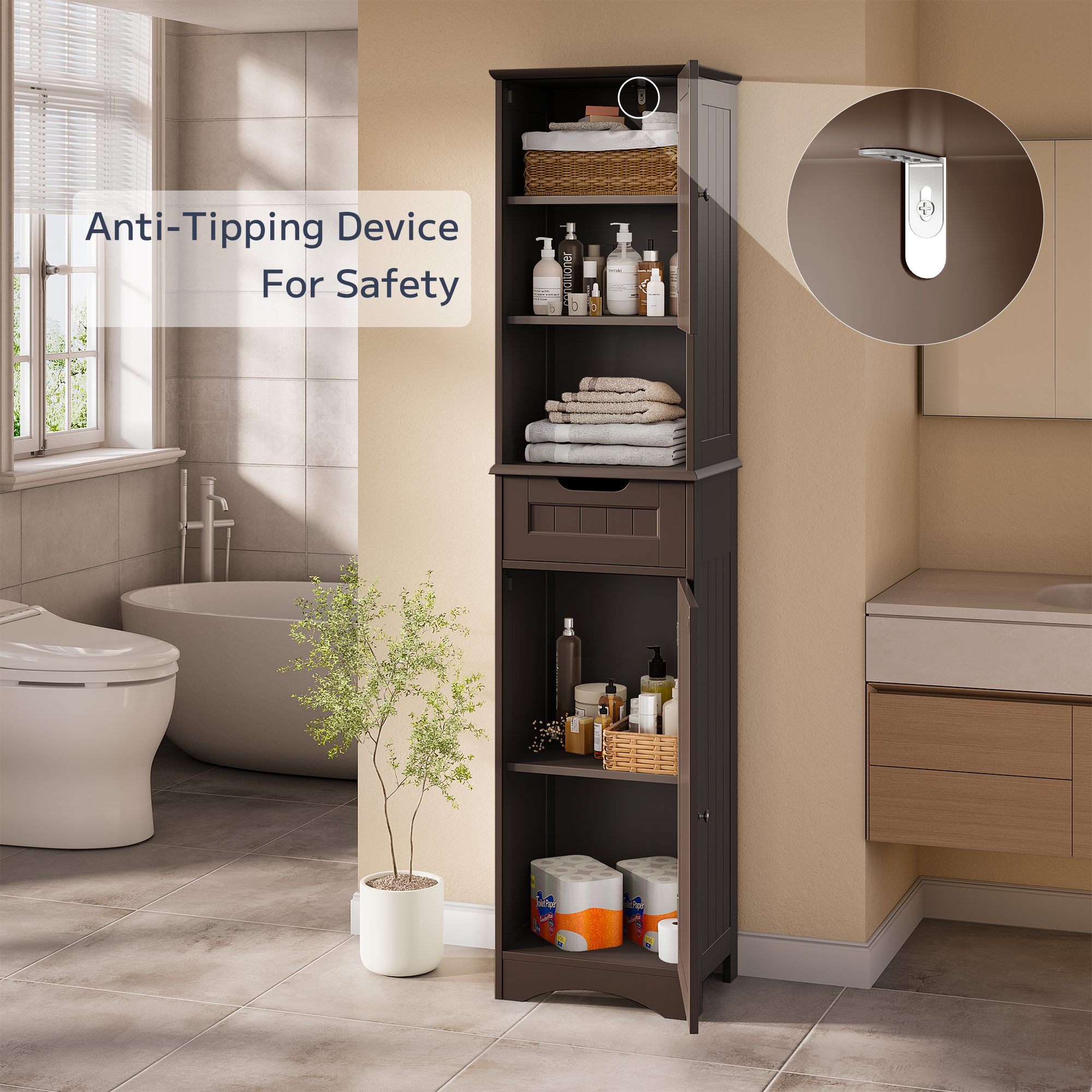 Asofer 67" H Tall Bathroom Cabinet, Narrow Linen Tower Freestanding with Adjustable Shelves, Dark Brown