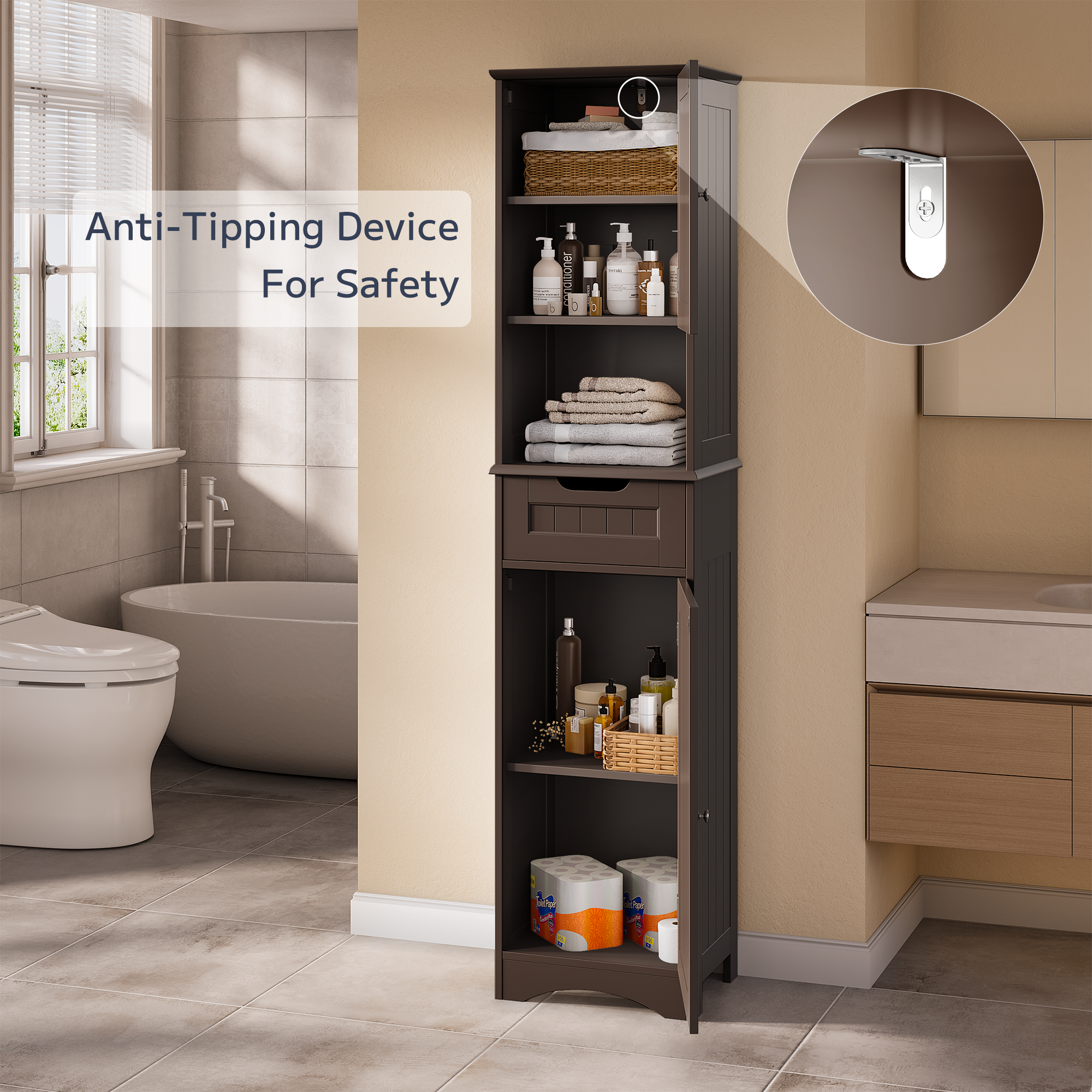 Asofer 67" H Tall Bathroom Cabinet, Narrow Linen Tower Freestanding with Adjustable Shelves, Dark Brown
