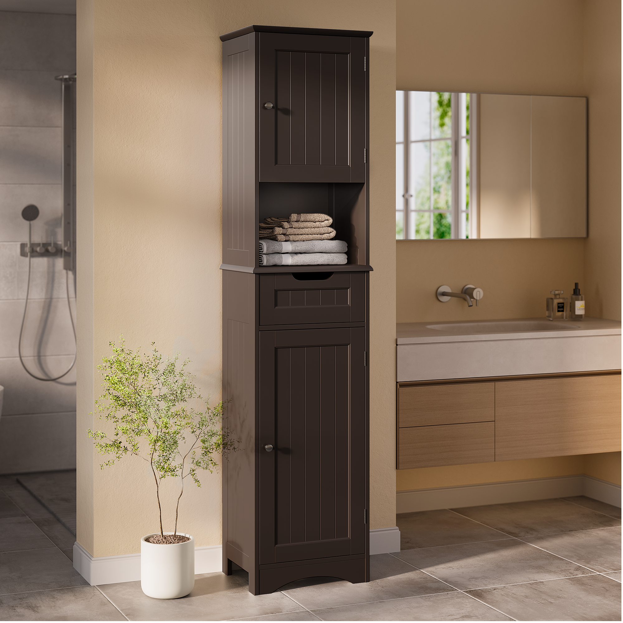 Asofer 67" H Tall Bathroom Cabinet, Narrow Linen Tower Freestanding with Adjustable Shelves, Dark Brown