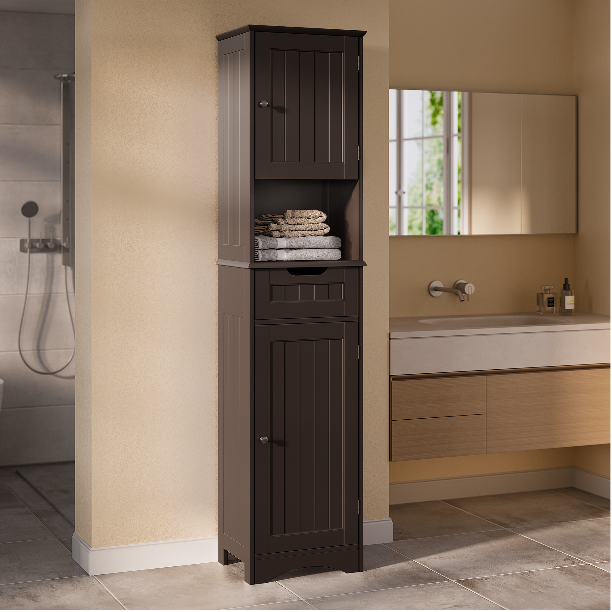 Asofer 67" H Tall Bathroom Cabinet, Narrow Linen Tower Freestanding with Adjustable Shelves, Dark Brown