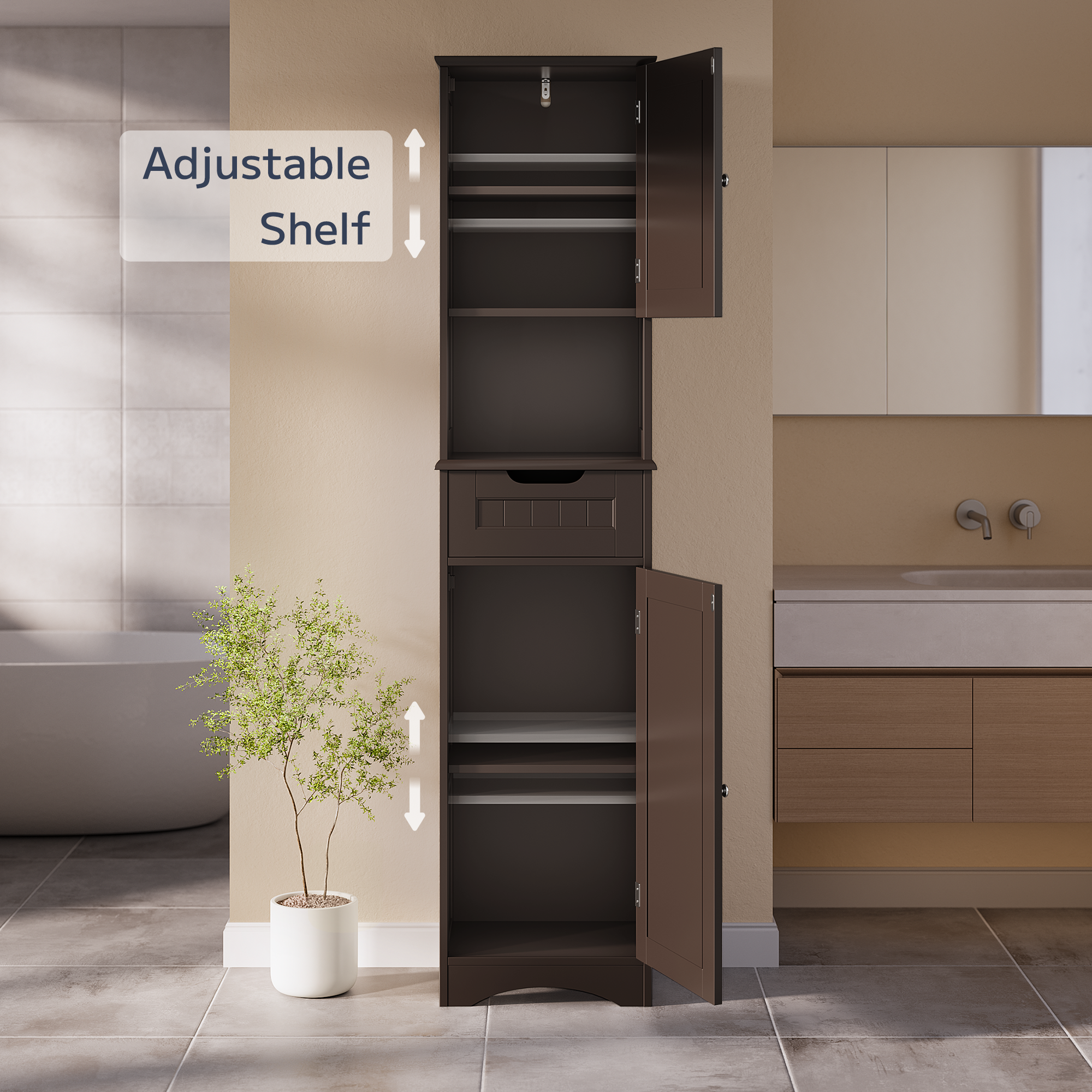 Asofer 67" H Tall Bathroom Cabinet, Narrow Linen Tower Freestanding with Adjustable Shelves, Dark Brown