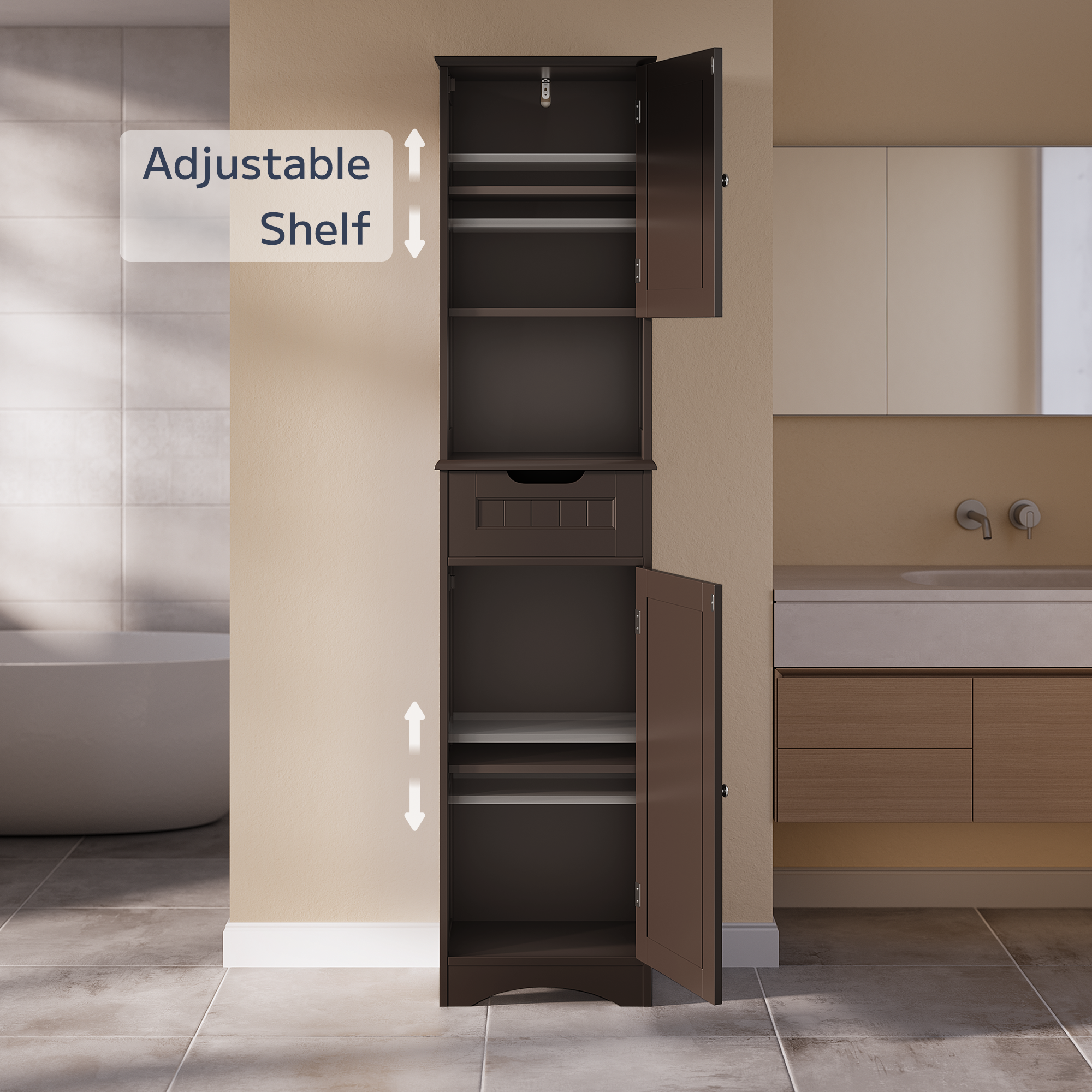 Asofer 67" H Tall Bathroom Cabinet, Narrow Linen Tower Freestanding with Adjustable Shelves, Dark Brown