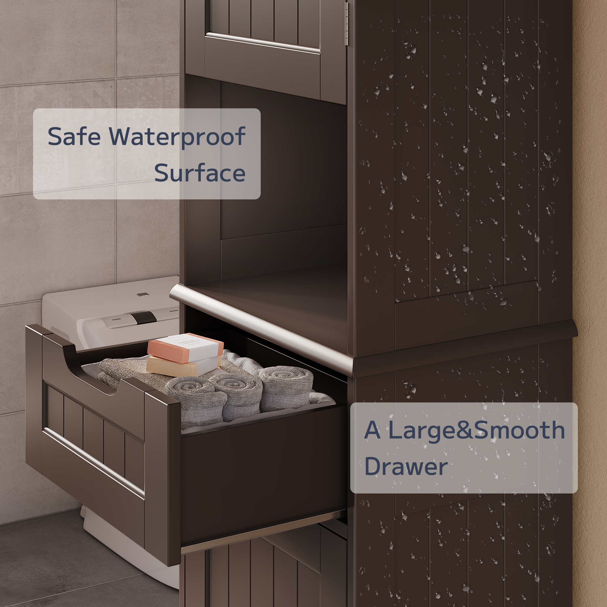 Asofer 67" H Tall Bathroom Cabinet, Narrow Linen Tower Freestanding with Adjustable Shelves, Dark Brown