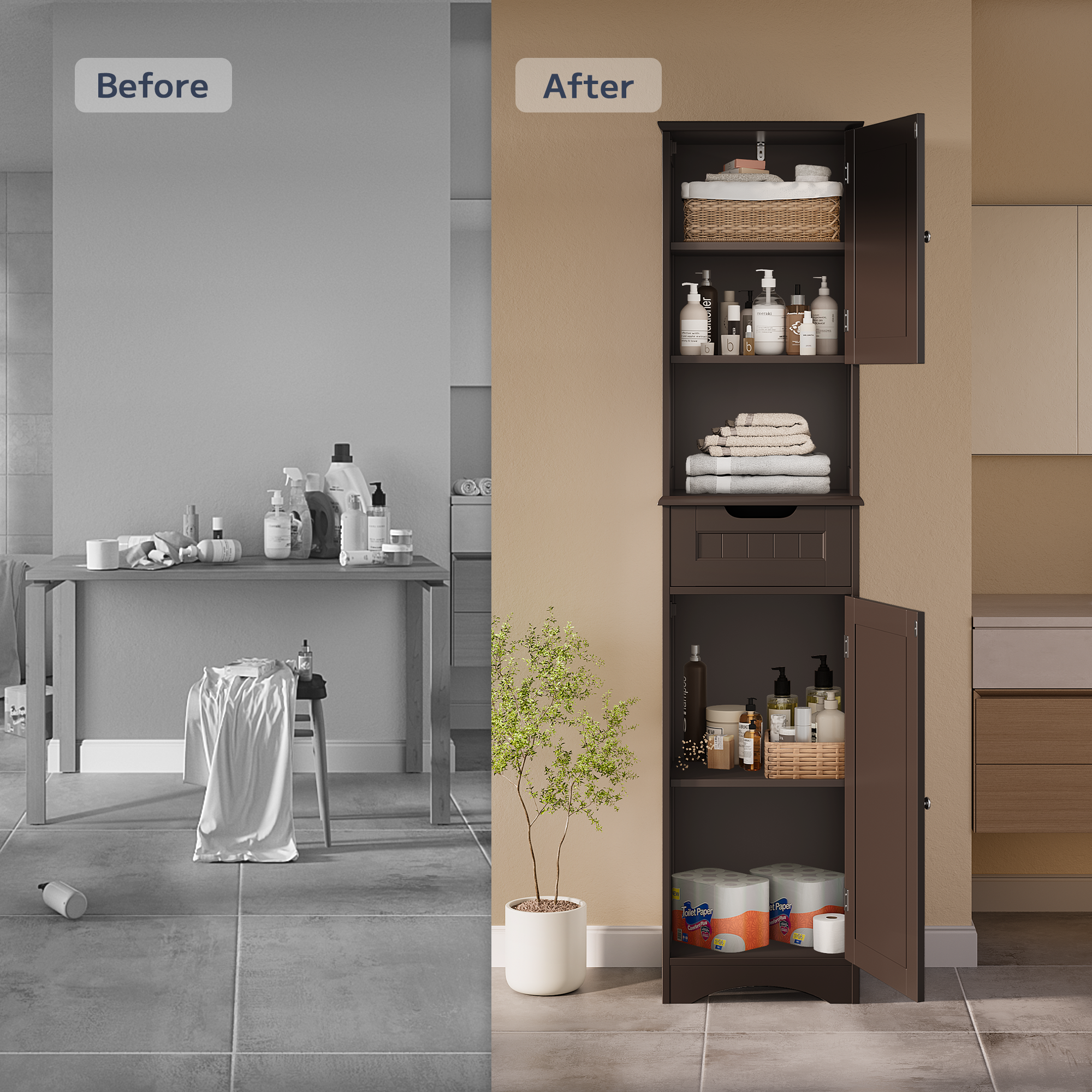 Asofer 67" H Tall Bathroom Cabinet, Narrow Linen Tower Freestanding with Adjustable Shelves, Dark Brown