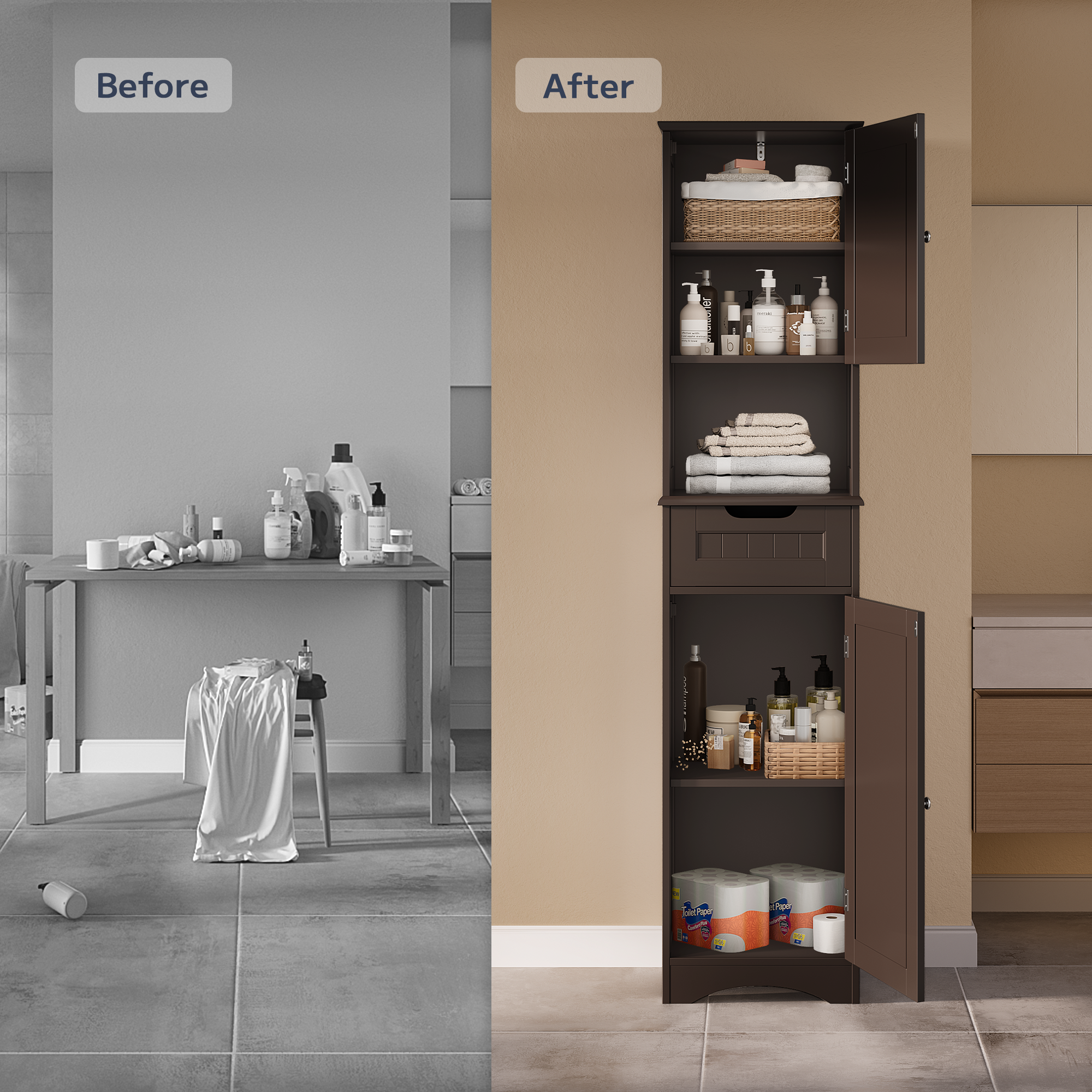Asofer 67" H Tall Bathroom Cabinet, Narrow Linen Tower Freestanding with Adjustable Shelves, Dark Brown